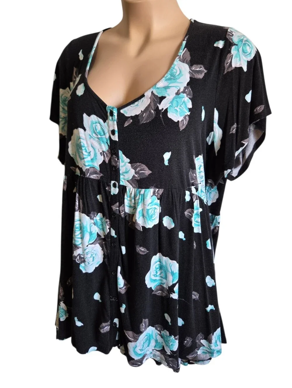 Torrid Floral Button Down V-Neckline Short Sleeve Babydoll Top Size 4 Pre-Owned